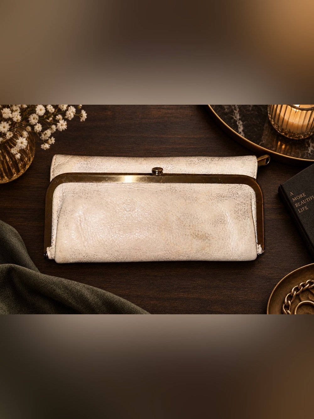 HOBO International Cream Distressed Leather Frame Organizer Wallet Clutch